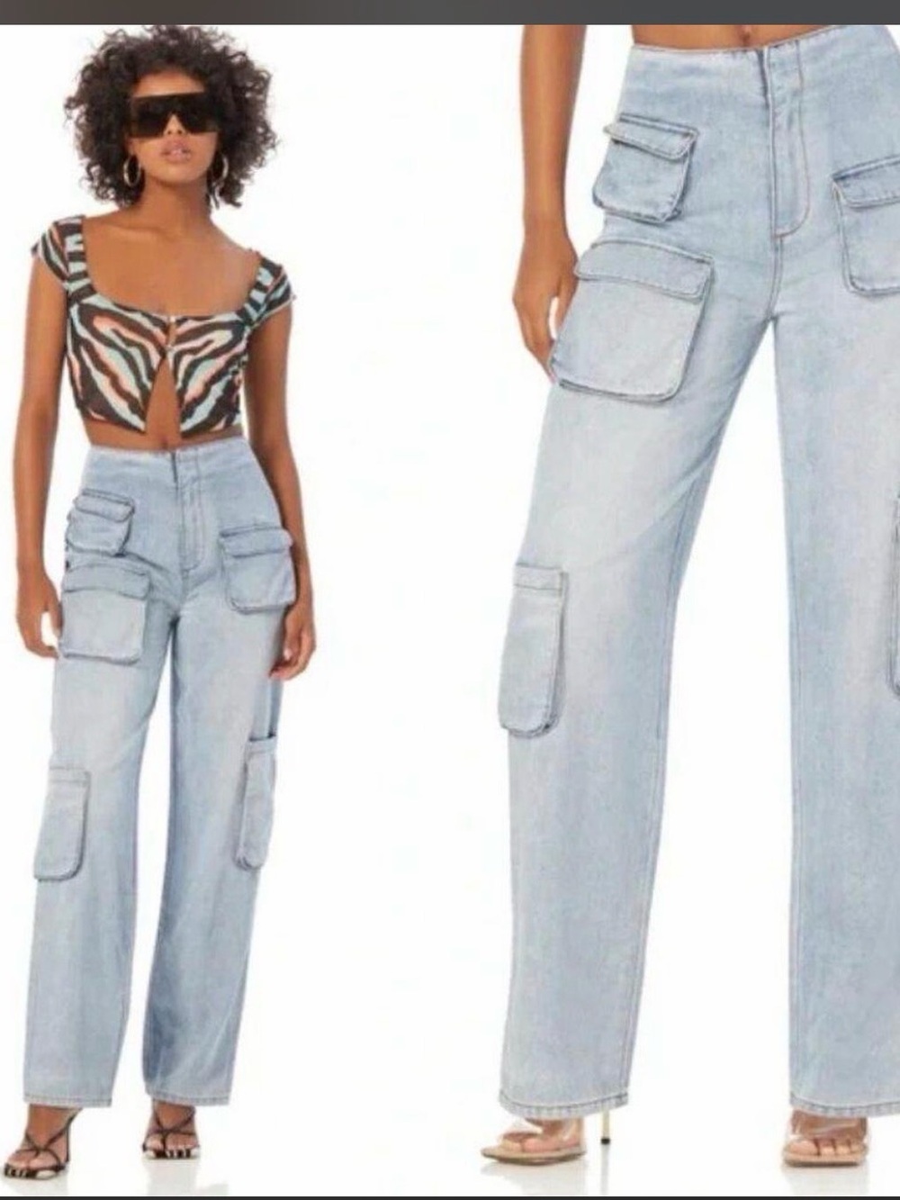 AFRM Light Wash Cargo Pocket Wide-Leg Jeans - Women